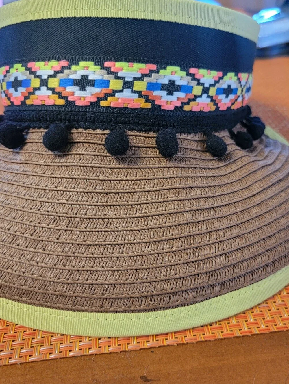 Embroidered Black & Brown Pom-Pom Visor with Neon Accents